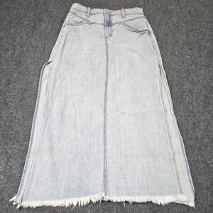 Cello Denim Maxi Skirt Medium Light Wash Raw Hem Slit Stretch Casual Trendy Fit